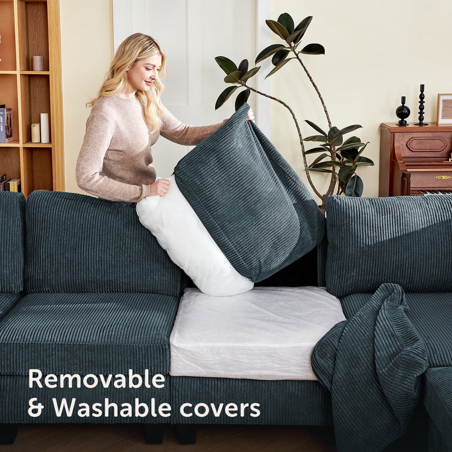 U-Shaped Modular Sectional Sofa Set, Convertible Sleeper with Storage Ottoman and Washable Covers for Family Living Room, Blue