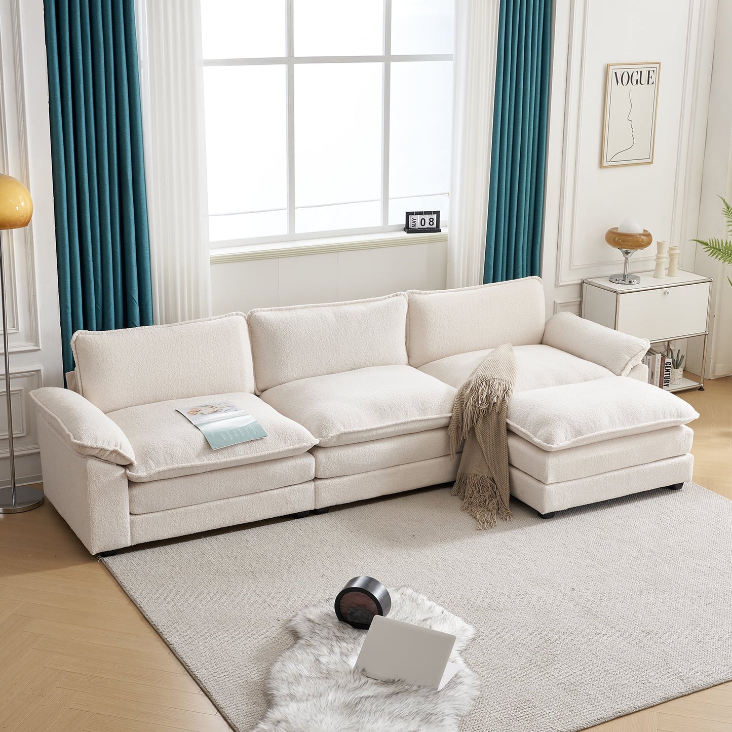 120" W Sectional Sofa Modern Convertible Couch with Double Cushions L Shaped Sofa with Reversible Chaise, Teddy Velvet Sofa Set with 3 Wider Seater Teddy White