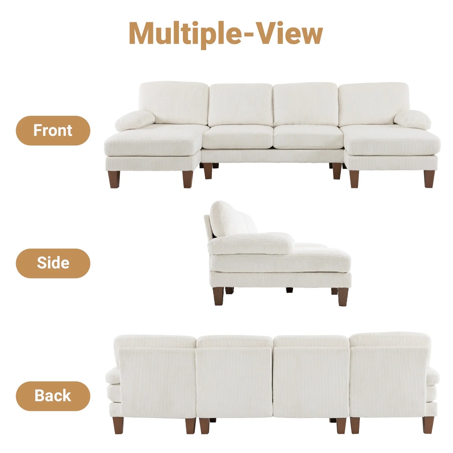 U-Shaped Sectional Sofa, 111" Corduroy Couch, 4 Seat Lounge Sleeper with Double Chaise for Living Room off White