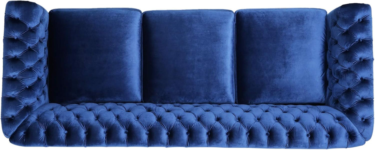 Great Deal Furniture Chesterfield Tufted Jewel Toned Velvet Sofa with Scroll Arms, Navy Blue