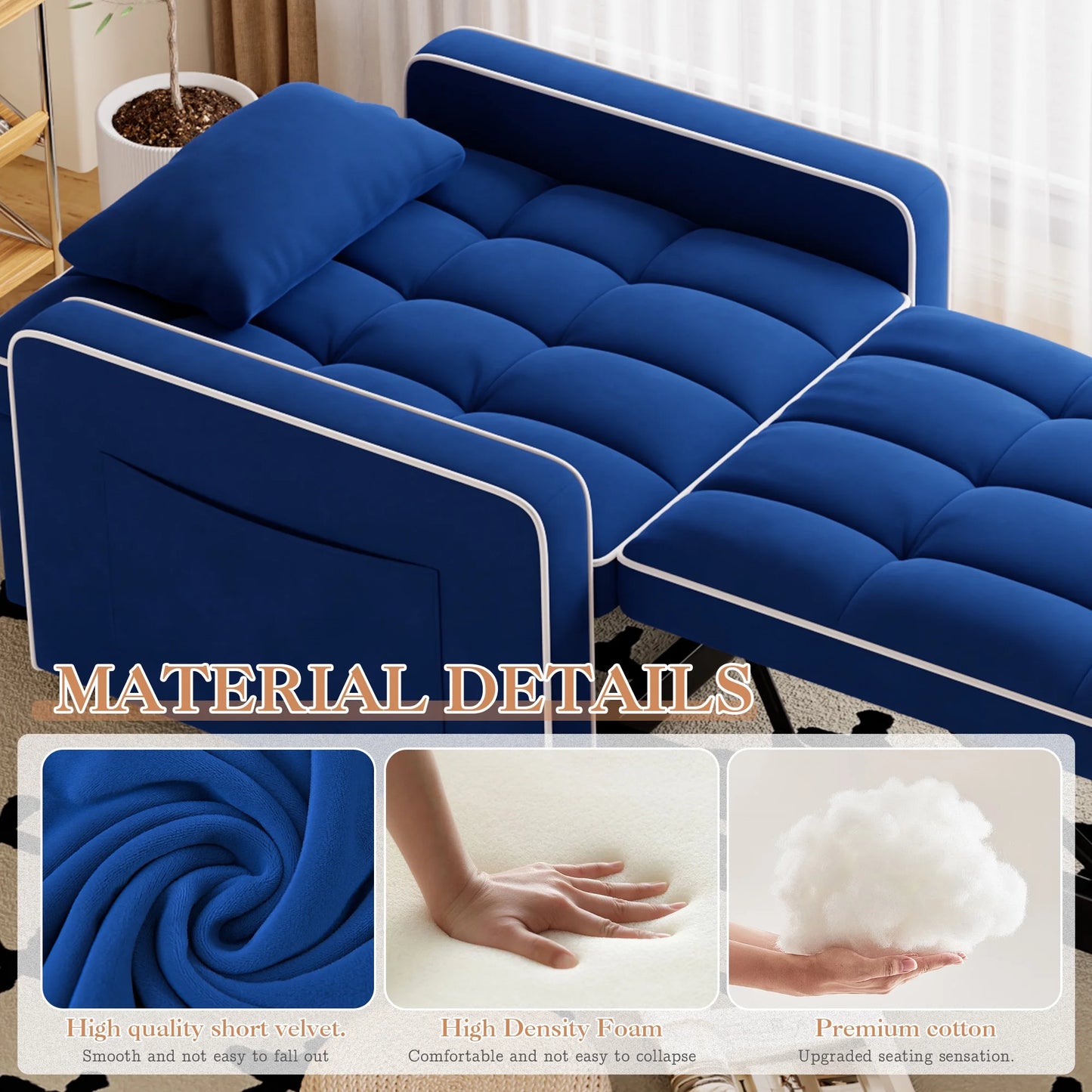 Sleeper Sofa Chair Bed, 3-In-1 Convertible Recliner Sofa Bed for Living Room Apartment, Blue