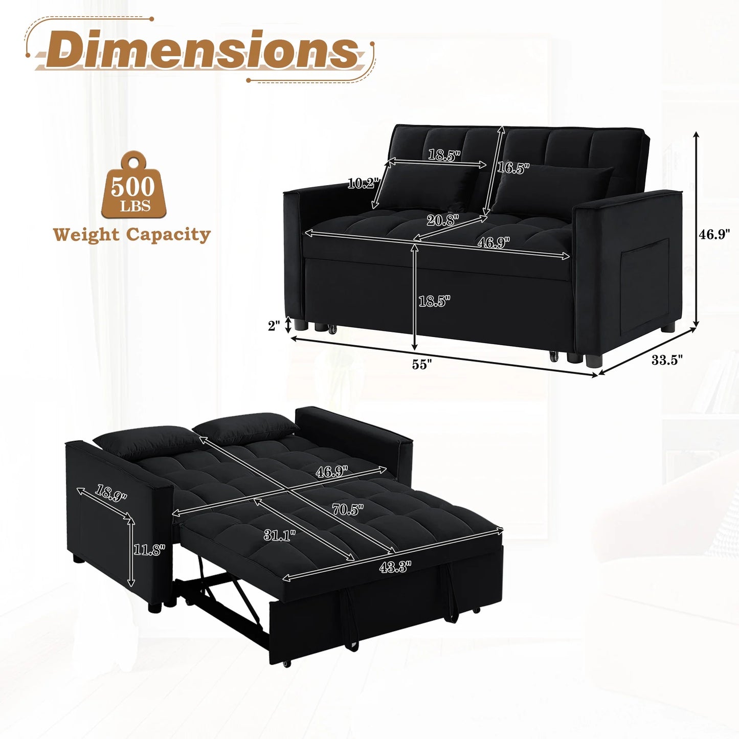 4-In-1 Convertible Futon Sofa Bed, Pull Out Couch Beds Loveseat Sleeper, Black Velvet