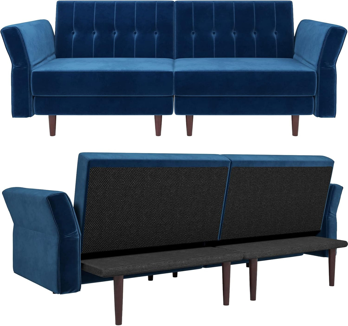 Velvet Convertible Futon Sofa Bed Memory Foam Futon Couch Sleeper Sofa Blue