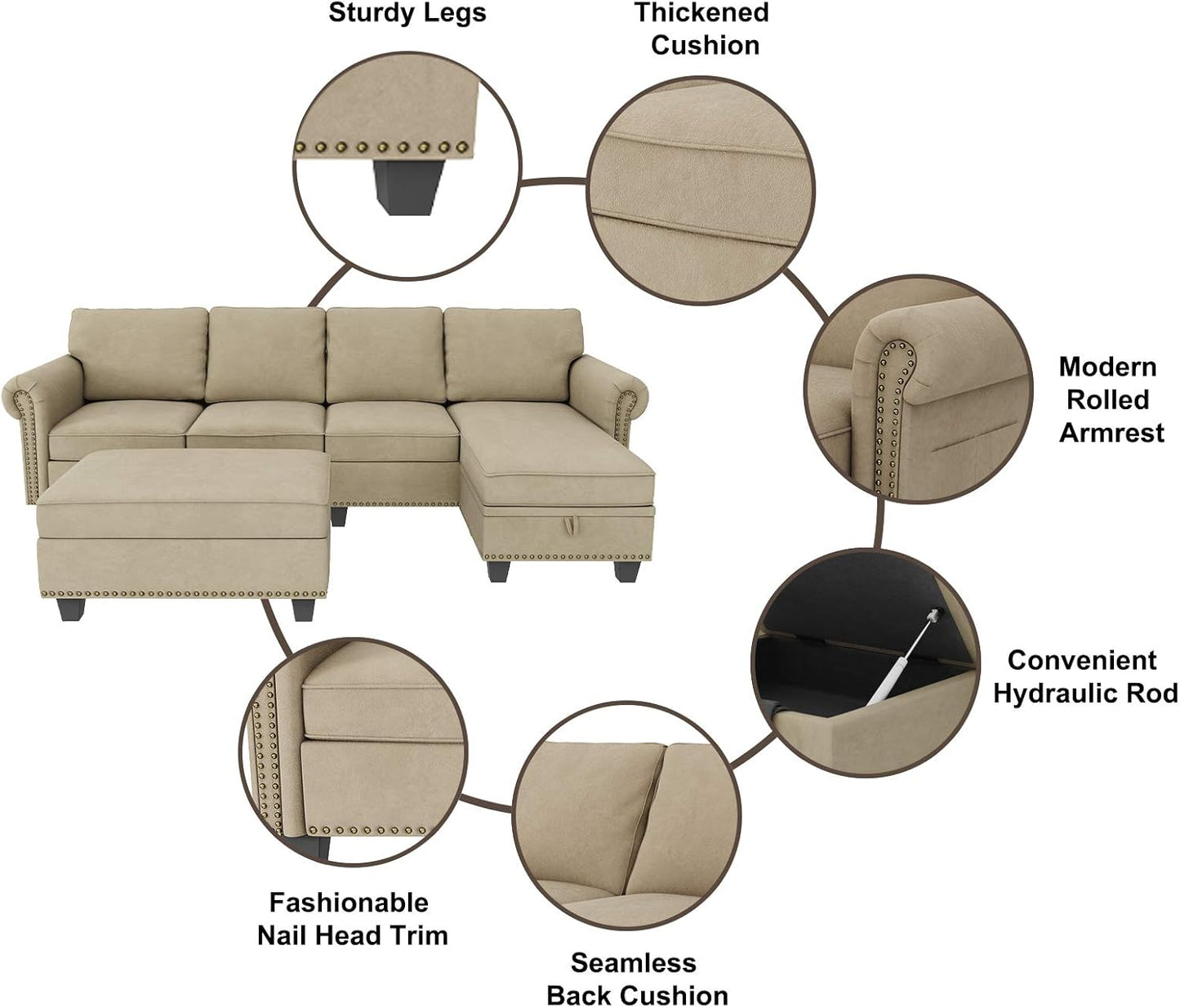 Convertible Sectional Sofa, L Shaped Couch with Storage Ottoman, Reversible Sectional Sofa Couch for Living Room, Dark Khaki