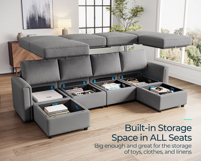 Modular Couches and Sofas Sectional with Storage, 6 Seat Sectional Sofa for Living Room, U Shaped Sectional Couch with Reversible Chaises, Light Gray