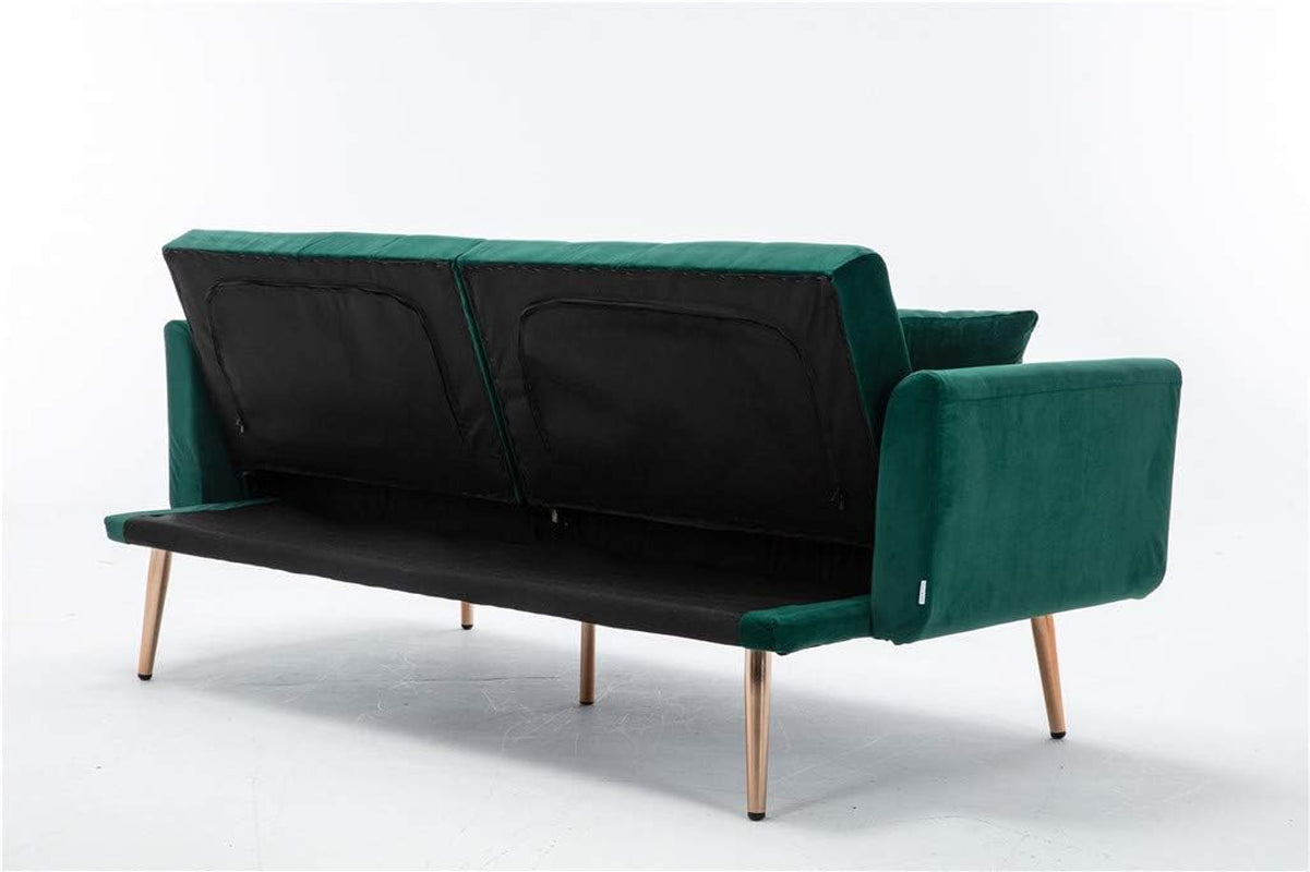 63" ccent Sof, Mid Century Modern Velvet Fbric Couch, Convertible Futon Sof Bed ，Recliner Couch ccent Sof Loveset Sof with Gold Metl Feet (Green)