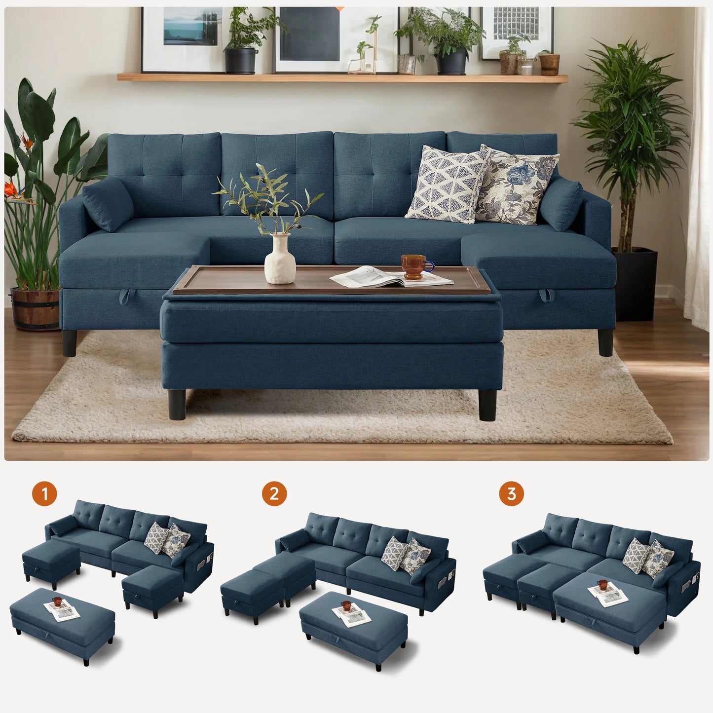 101" Sectional Sofa with 3 Storage Ottoman,4 Seat U Shaped Couch with Side Pockets, Modern Linen Sofa Bed with Coffee Table Ottoman for Living Room Apartment Office Studio,Tool Free Assemble