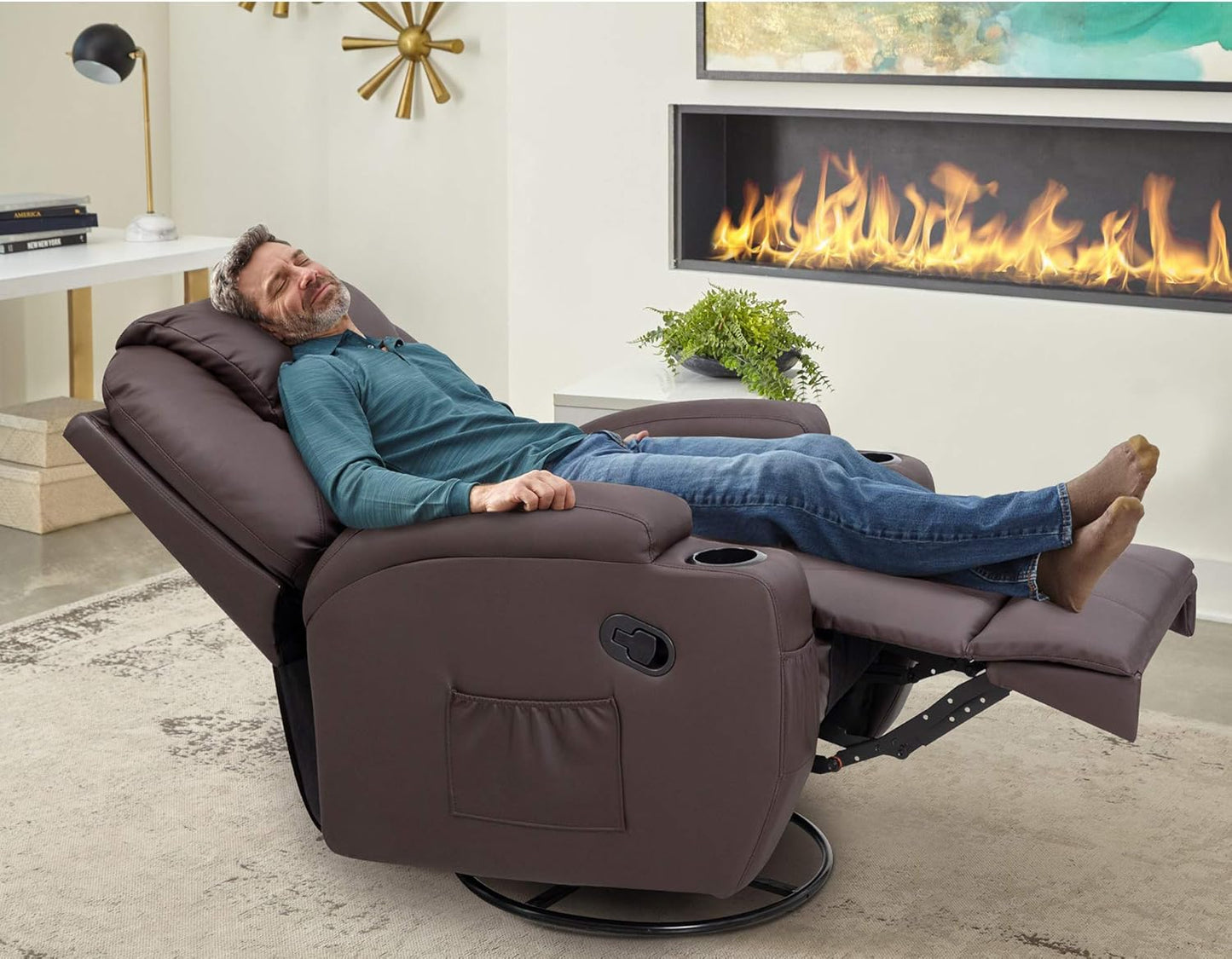 PU Leather Chair Magic Adjustable Home Theater Single Recliner Thick Seat and Backrest, 360° Swivel and Rocking Sofa for Living Room, Brown