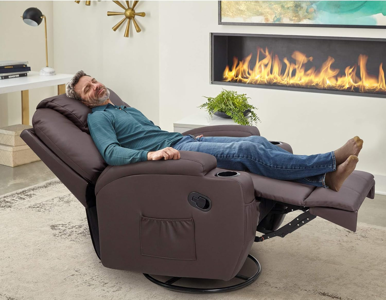 PU Leather Chair Magic Adjustable Home Theater Single Recliner Thick Seat and Backrest, 360° Swivel and Rocking Sofa for Living Room, Brown