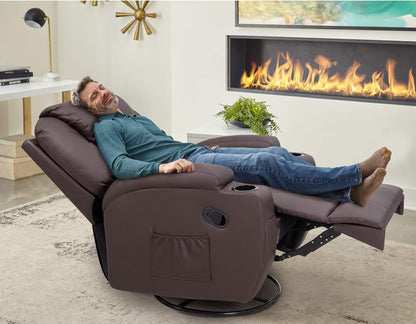 PU Leather Chair Magic Adjustable Home Theater Single Recliner Thick Seat and Backrest, 360° Swivel and Rocking Sofa for Living Room, Brown