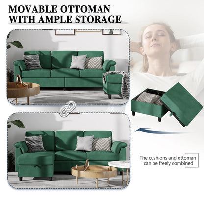 79.1" Sectional Sofa with Movable Storage Ottoman, L-Shaped Convertible Sofa Couch for Small Living Room, Green