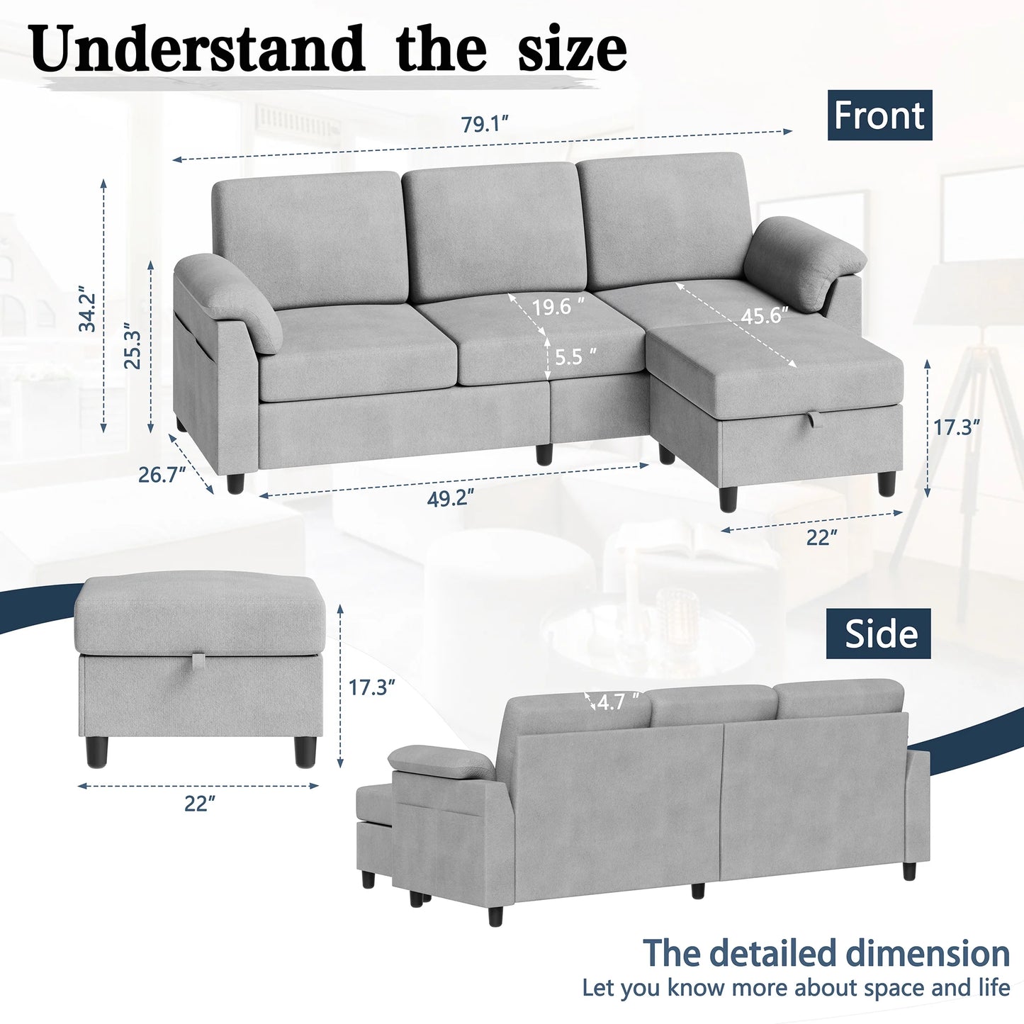 79.1" Sectional Sofa with Movable Storage Ottoman, L-Shaped Convertible Sofa Couch for Small Living Room, Ottoman, L-Shaped Convertible Sofa Couch for Small Living Room, Light Grey