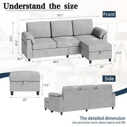 79.1" Sectional Sofa with Movable Storage Ottoman, L-Shaped Convertible Sofa Couch for Small Living Room, Ottoman, L-Shaped Convertible Sofa Couch for Small Living Room, Light Grey