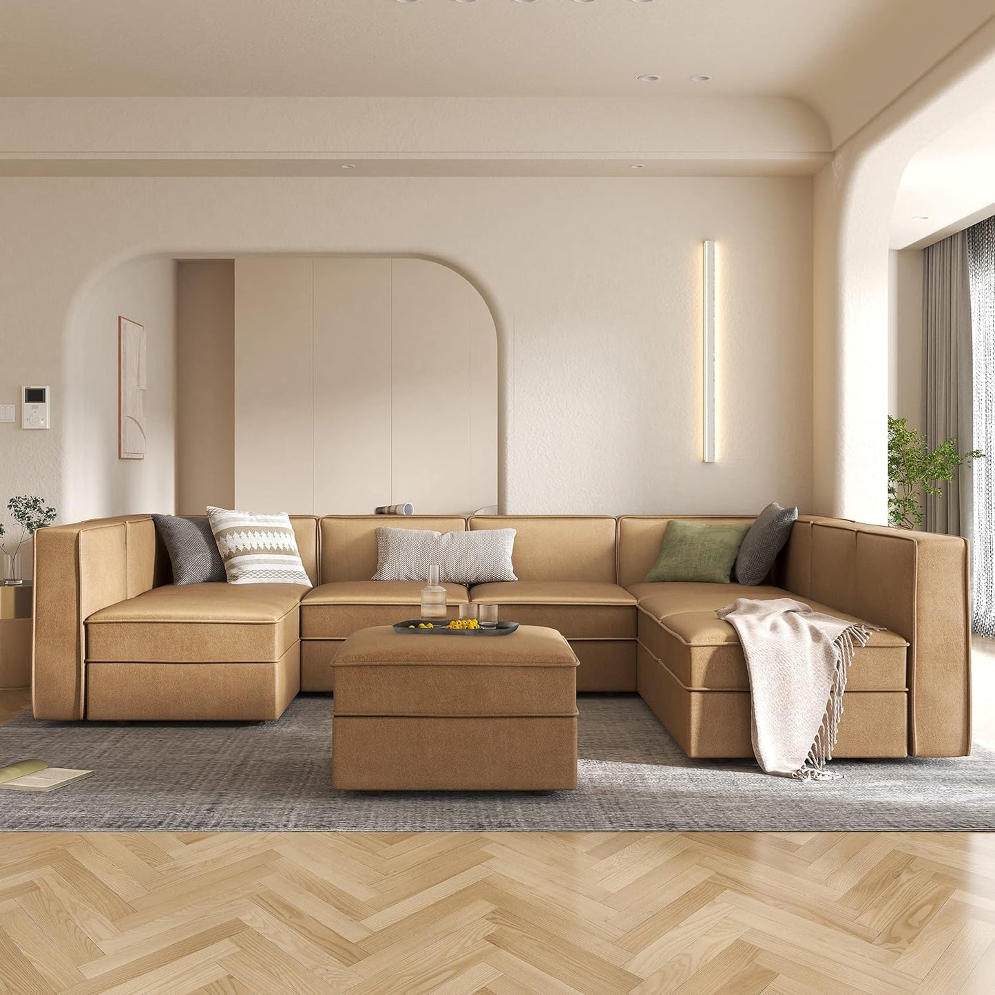 Modular Sectional Sofa, Convertible Sectional Couch with Storage Seat, U Shaped Sofa Couch with Reversible Chaise, Caramel Brown