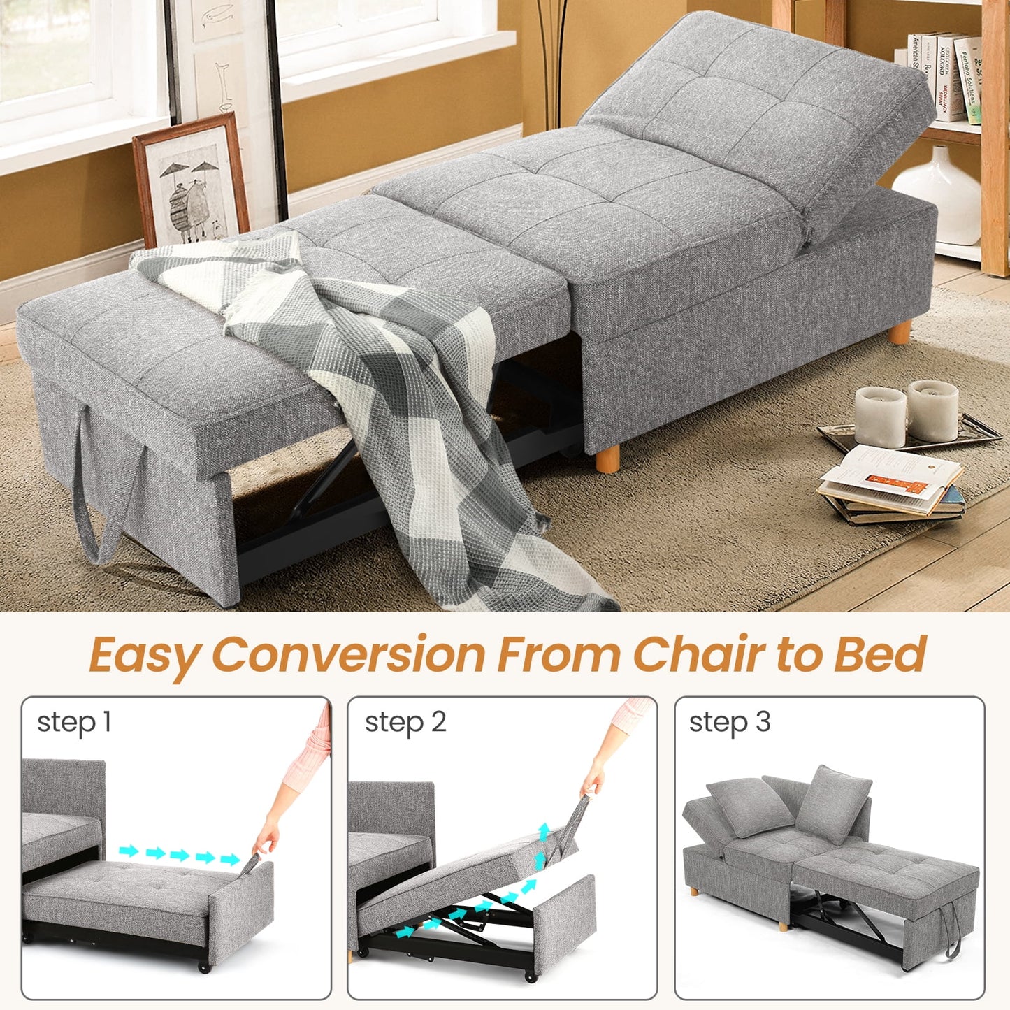 4-In-1 Convertible Sofa Chair Bed, Linen Sleeper Chair for Small Space, Futon Sofa Bed with 5 Adjustable Backrest, Single Small Couch for Living Room Bedroom Apartment, Gray