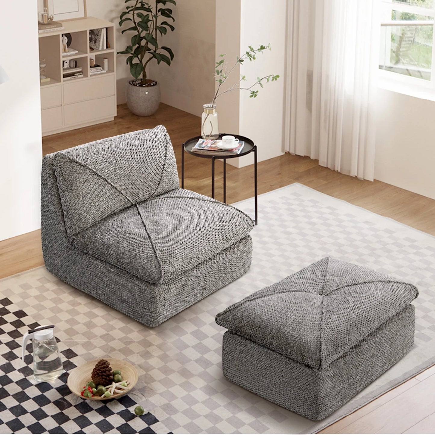 35.4"W Accent Chair, Upholstered Beanbag Sofa Chair, Modern Single Chair Accent Chair for Living Room Bedroom with Ottoman, Stone Gray