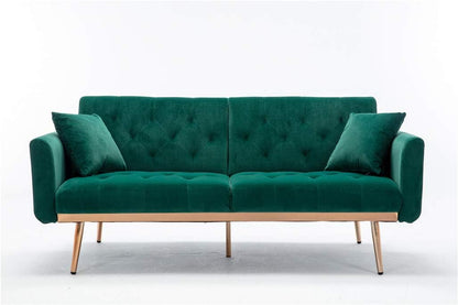 63" ccent Sof, Mid Century Modern Velvet Fbric Couch, Convertible Futon Sof Bed ，Recliner Couch ccent Sof Loveset Sof with Gold Metl Feet (Green)