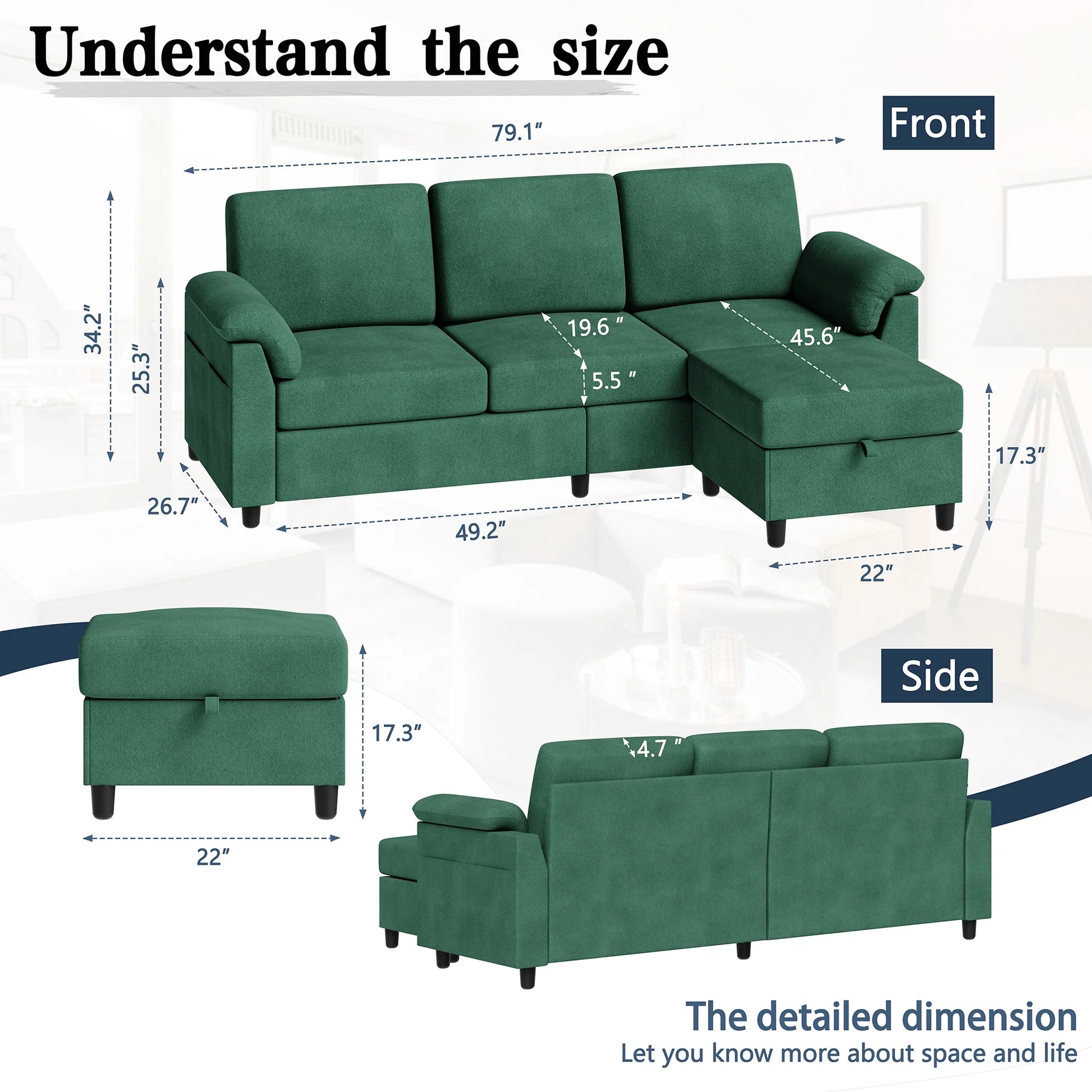 79.1" Sectional Sofa with Movable Storage Ottoman, L-Shaped Convertible Sofa Couch for Small Living Room, Green