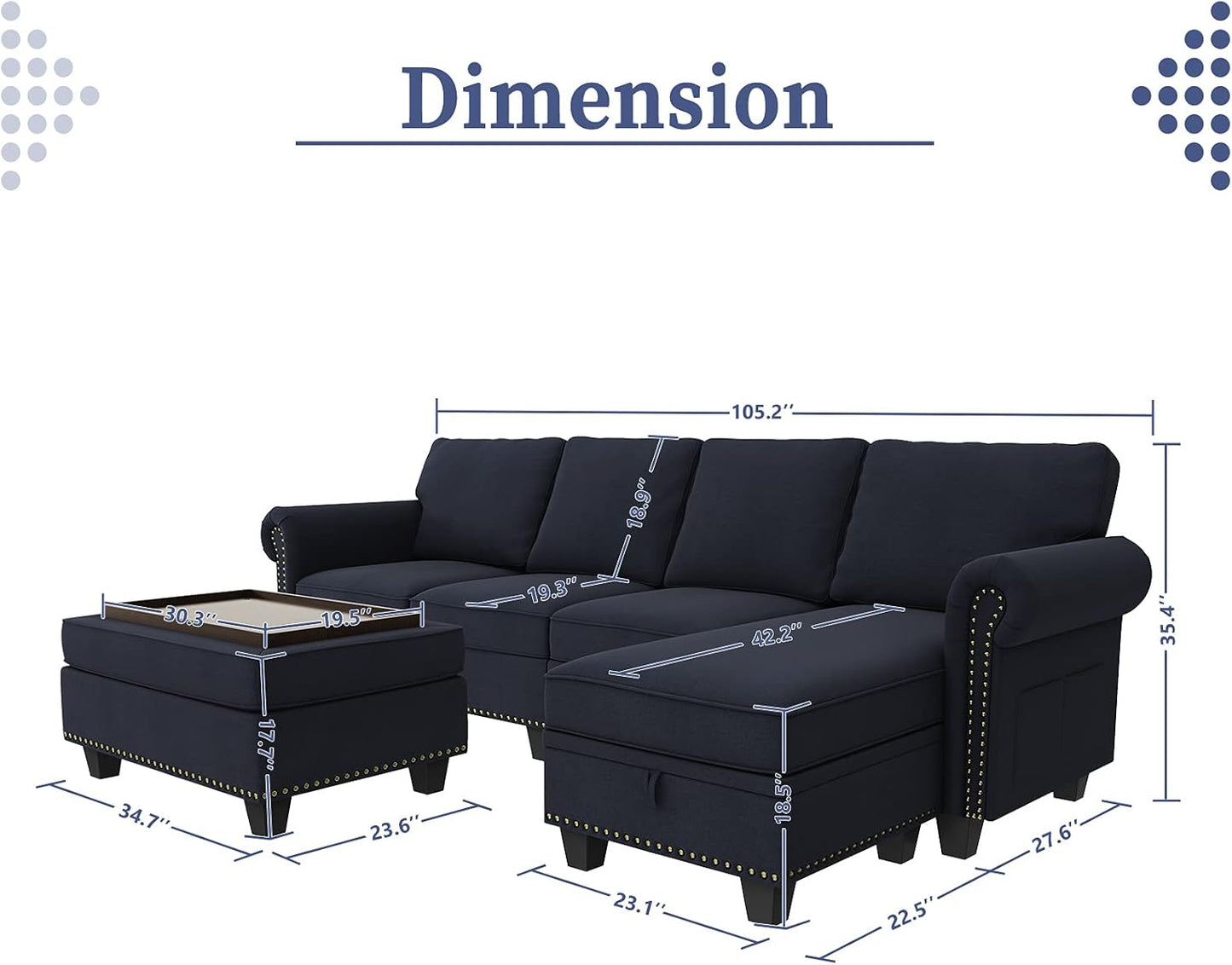 Convertible Sectional Sofa Couch, L Shaped Sofa with Storage Ottoman, Reversible Couch for Living Room, Denim Blue