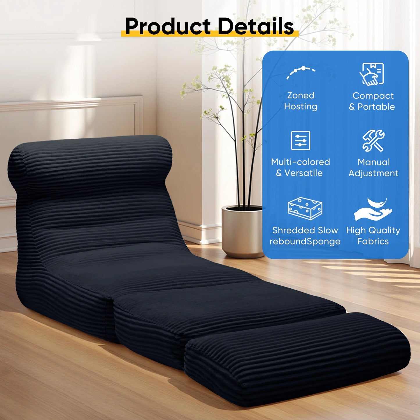 Folding Sofa Bed, 3 in 1 Convertible Sofa with Back Support, Portable Folding Chair Bed, Living Room Bedroom Comfortable Floor Sofa Lounge, Single Bed, Black