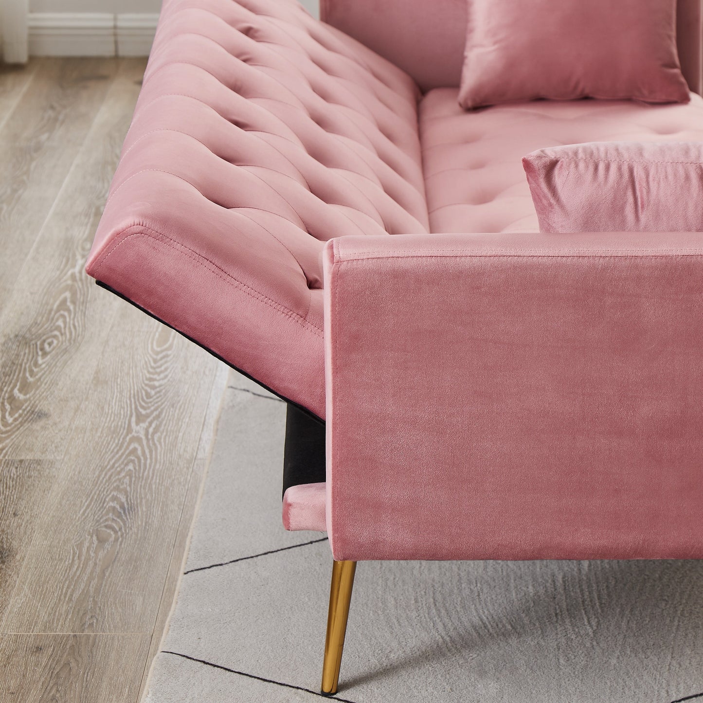 71 Inches Velvet Futon Sofa Bed with 2 Pillows,Modern Convertible Futon Couch with 3 Adjustable Backrest Angles and Gold Metal Feet,Suitable for Apartment,Living Room,Small Space,Pink