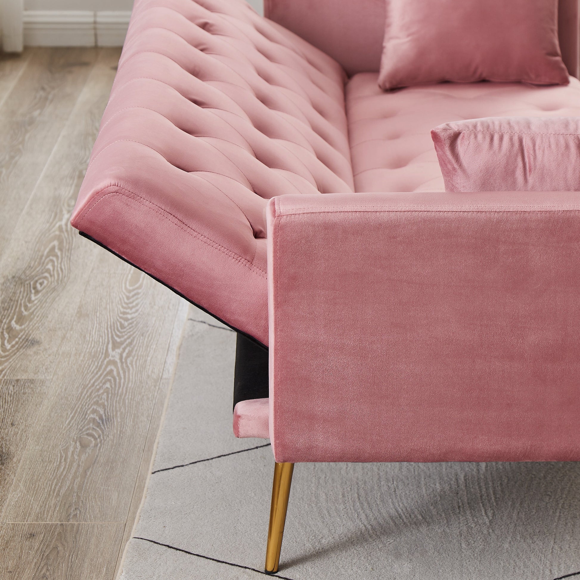 71 Inches Velvet Futon Sofa Bed with 2 Pillows,Modern Convertible Futon Couch with 3 Adjustable Backrest Angles and Gold Metal Feet,Suitable for Apartment,Living Room,Small Space,Pink