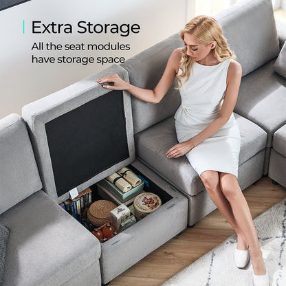 Modular Couches and Sofas Sectional with Storage, 6 Seat Sectional Sofa for Living Room, U Shaped Sectional Couch with Reversible Chaises, Light Gray