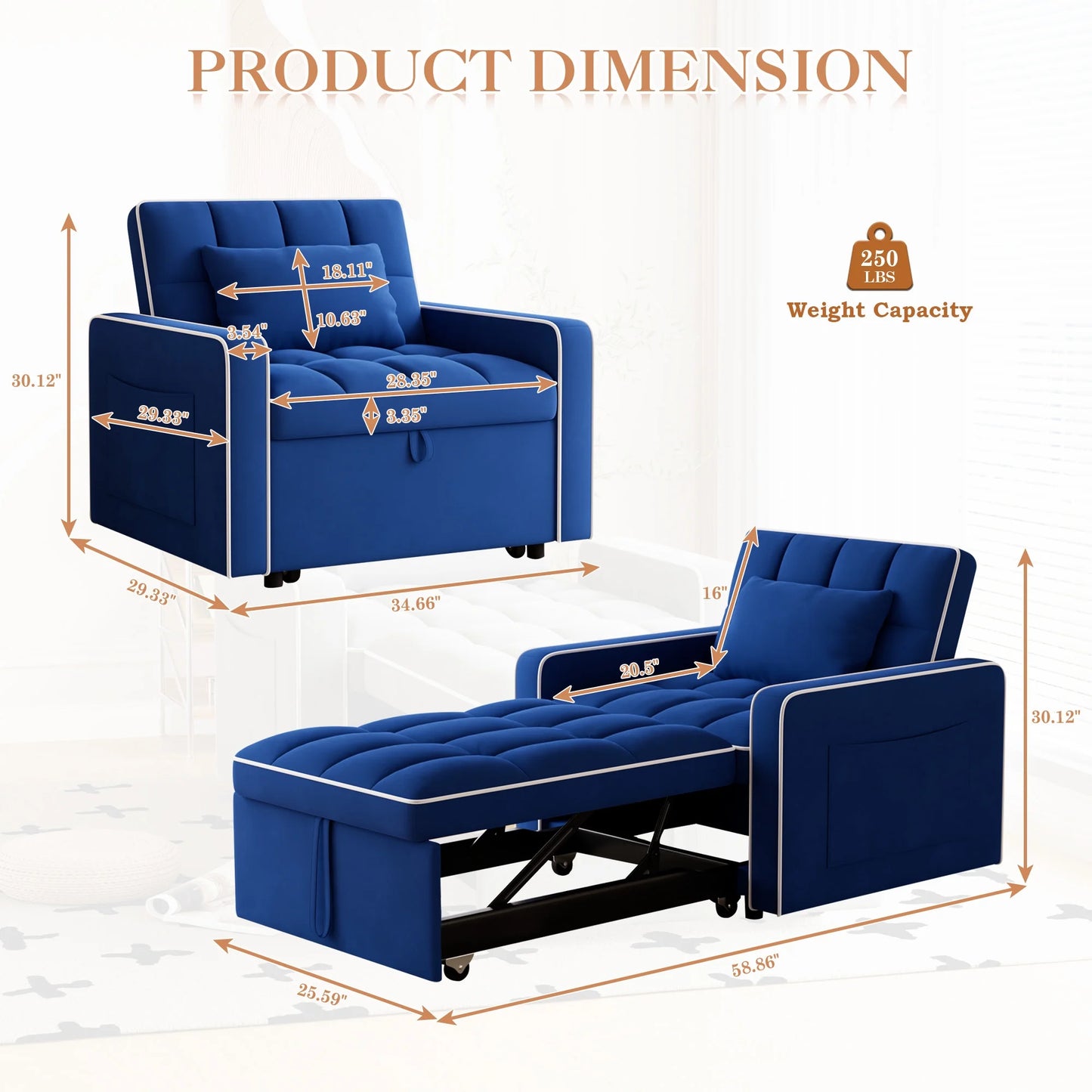 Sleeper Sofa Chair Bed, 3-In-1 Convertible Recliner Sofa Bed for Living Room Apartment, Blue