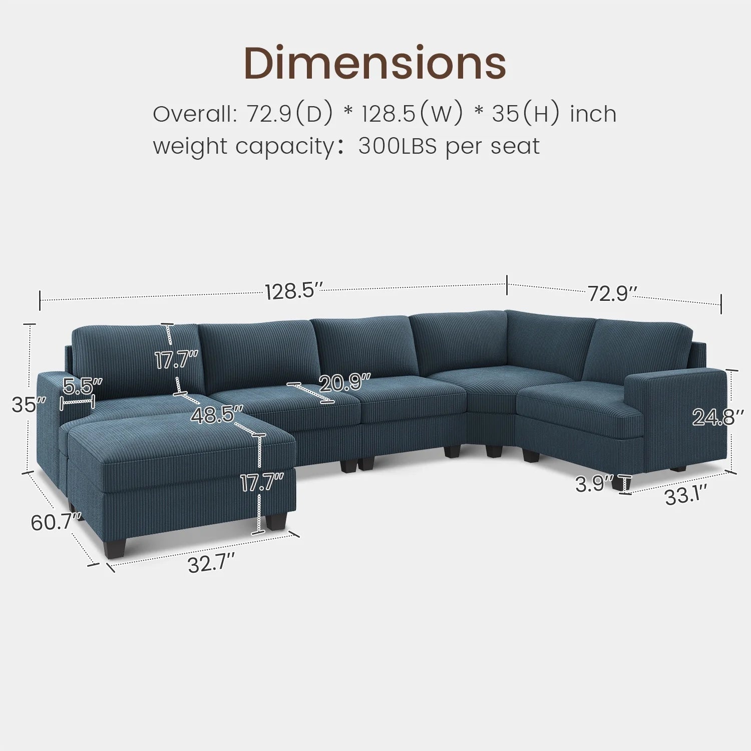 U-Shaped Modular Sectional Sofa Set, Convertible Sleeper with Storage Ottoman and Washable Covers for Family Living Room, Blue