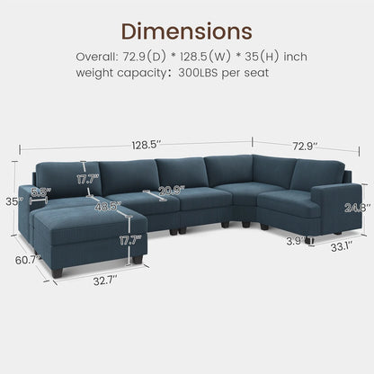 U-Shaped Modular Sectional Sofa Set, Convertible Sleeper with Storage Ottoman and Washable Covers for Family Living Room, Blue