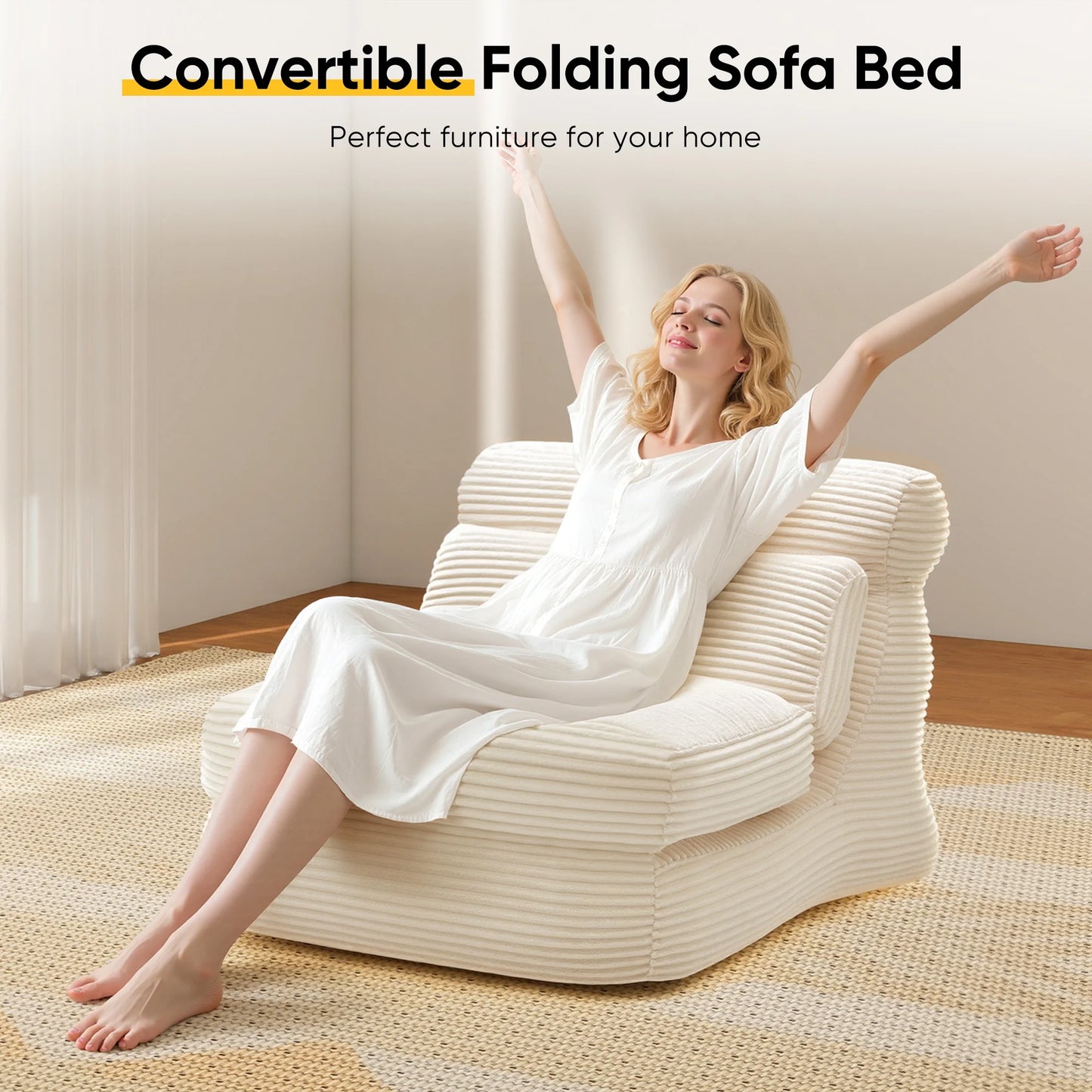 Folding Sofa Bed, 3 in 1 Convertible Sofa with Back Support, Portable Folding Chair Bed, Living Room Bedroom Comfortable Floor Sofa Lounge, Single Bed, White