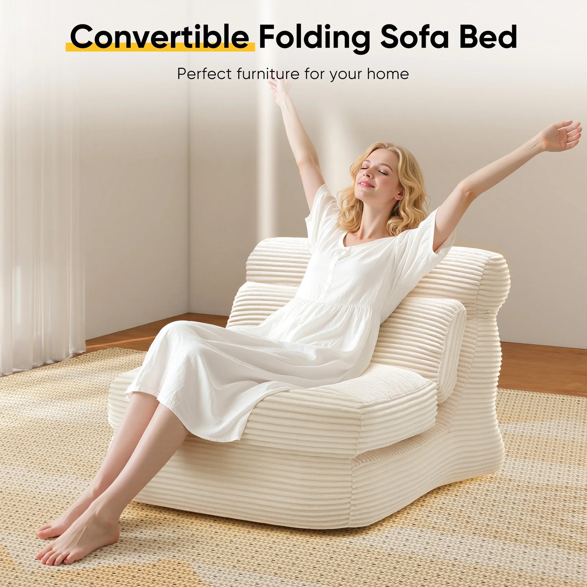 Folding Sofa Bed, 3 in 1 Convertible Sofa with Back Support, Portable Folding Chair Bed, Living Room Bedroom Comfortable Floor Sofa Lounge, Single Bed, White
