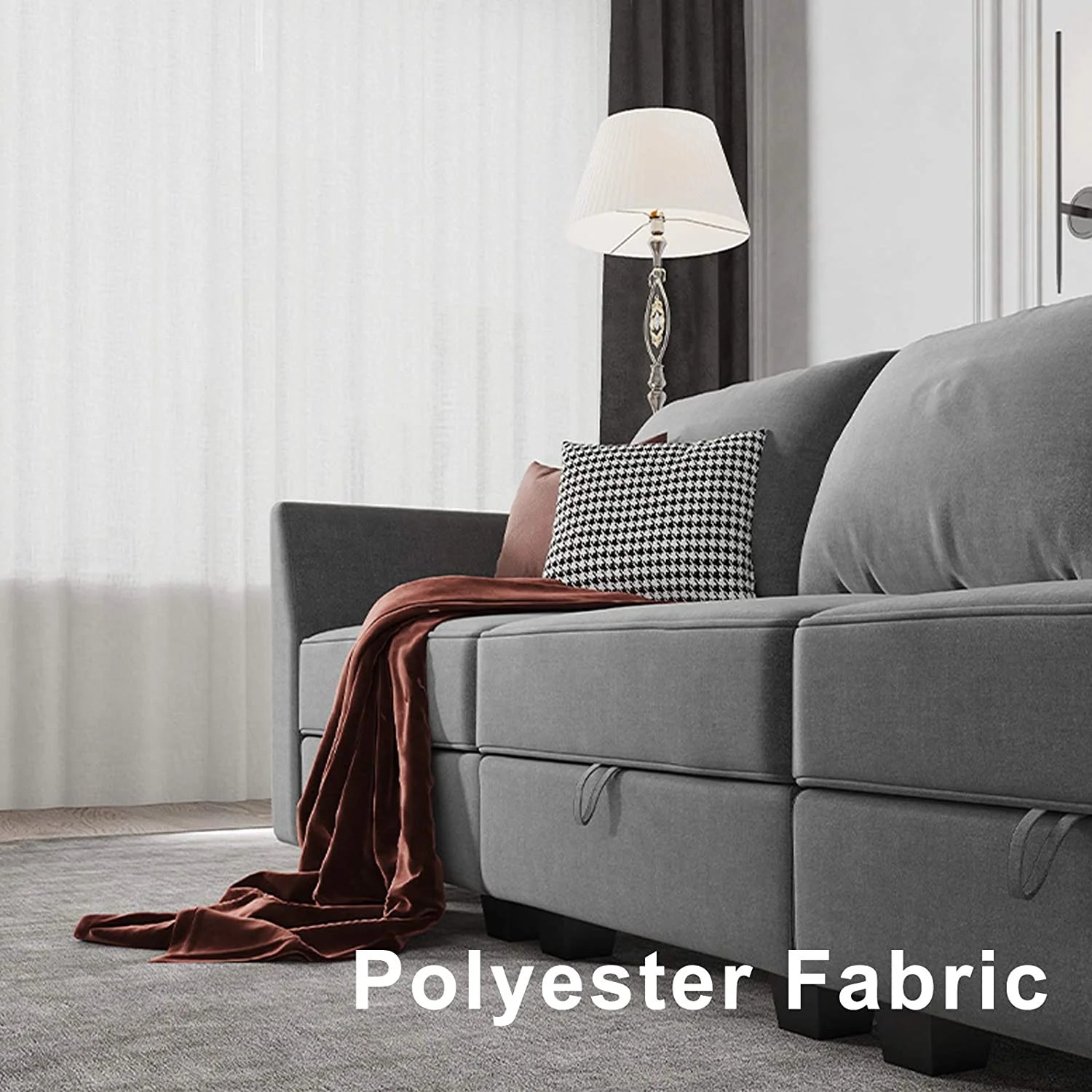 Large U-Shaped Modular Sectional Sofa with Storage Ottoman Convertible Living Room Furniture Set, Polyester Fabric, Solid Wood Frame, Gray