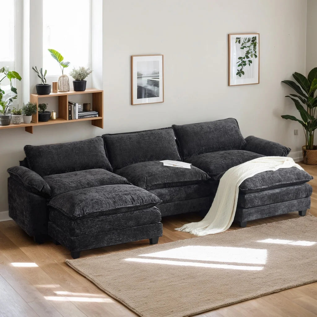 120" W Sectional Sofa U Shaped Couch with Double Chaise Chenille Sleeper Set with 3 Oversized Seats Black