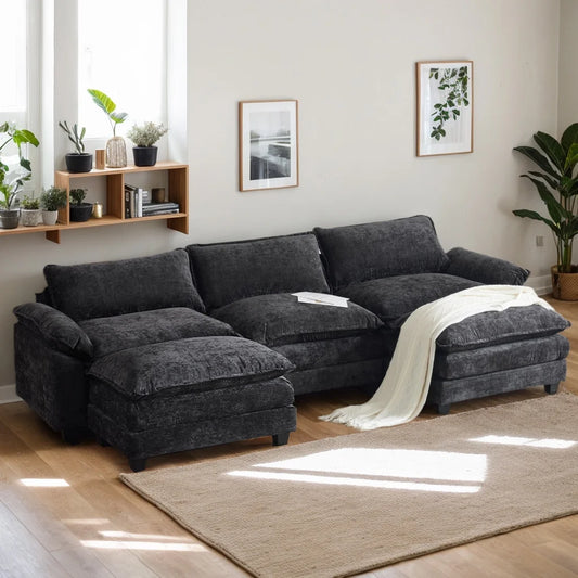 120" W Sectional Sofa U Shaped Couch with Double Chaise Chenille Sleeper Set with 3 Oversized Seats Black