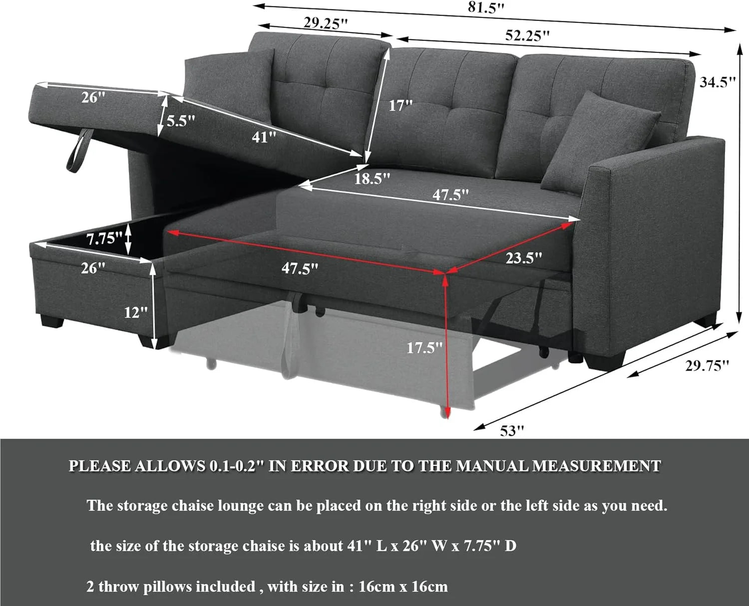 3 Seater L-Shaped Sofa with Pull-Out Sleeper Sofa, Sofa with Storage Recliner for Living Room, Bedroom, Apartment Small Combination Sofa, Dark Gray