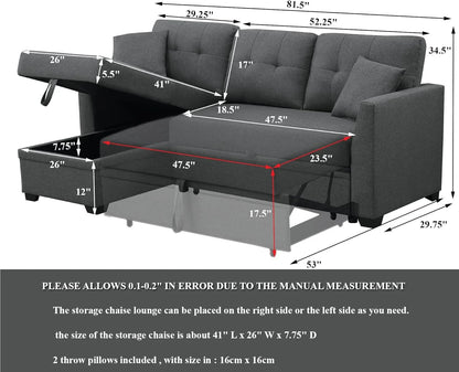 3 Seater L-Shaped Sofa with Pull-Out Sleeper Sofa, Sofa with Storage Recliner for Living Room, Bedroom, Apartment Small Combination Sofa, Dark Gray