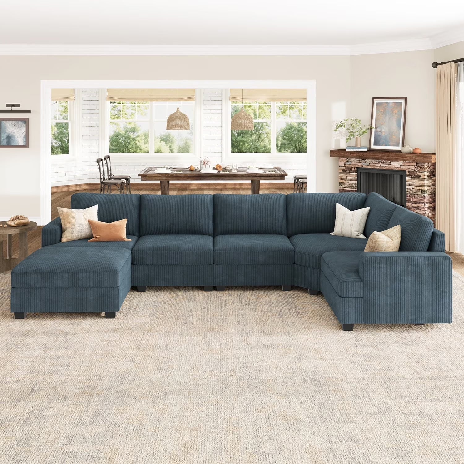 U-Shaped Modular Sectional Sofa Set, Convertible Sleeper with Storage Ottoman and Washable Covers for Family Living Room, Blue