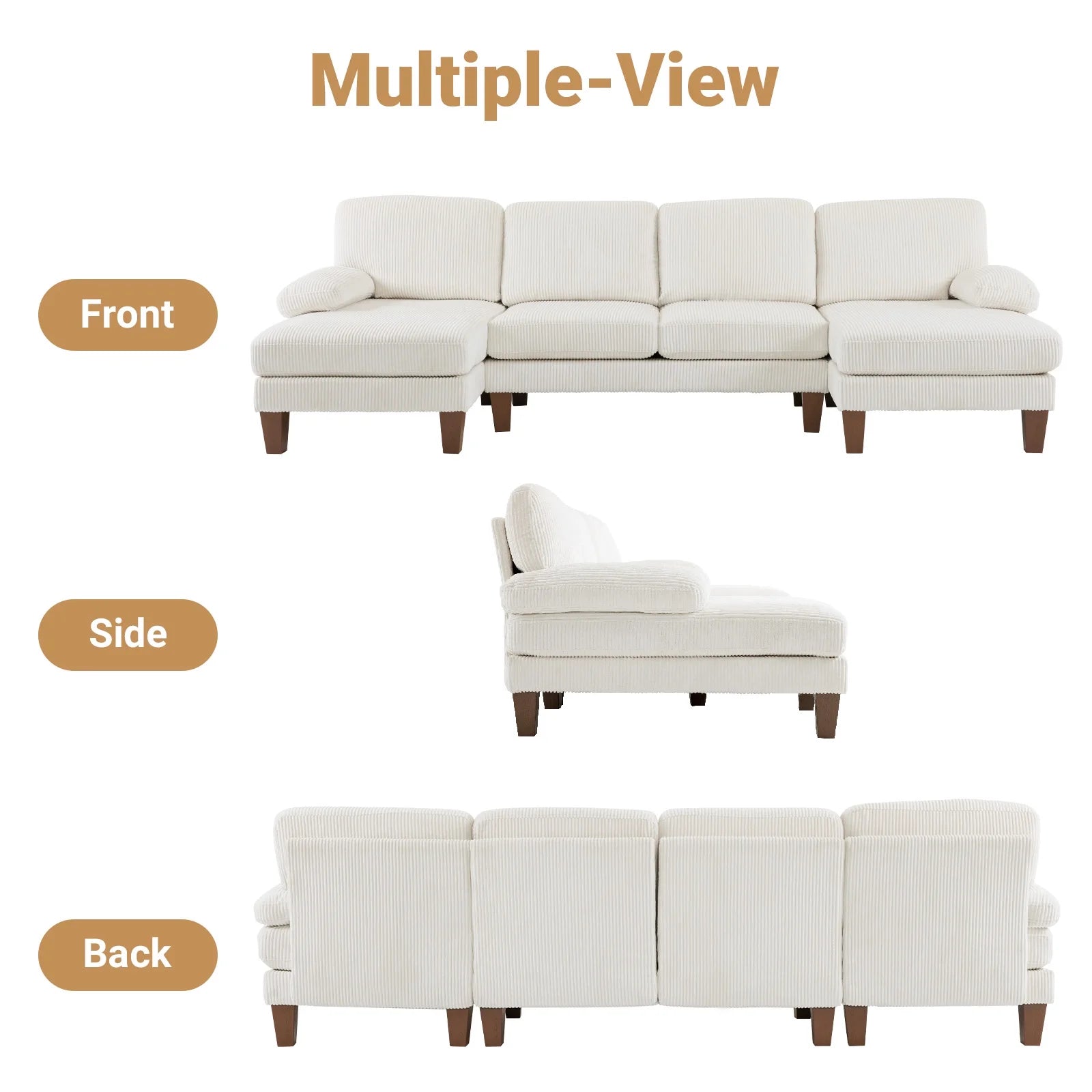 U-Shaped Sectional Sofa, 111" Corduroy Couch, 4 Seat Lounge Sleeper with Double Chaise for Living Room off White