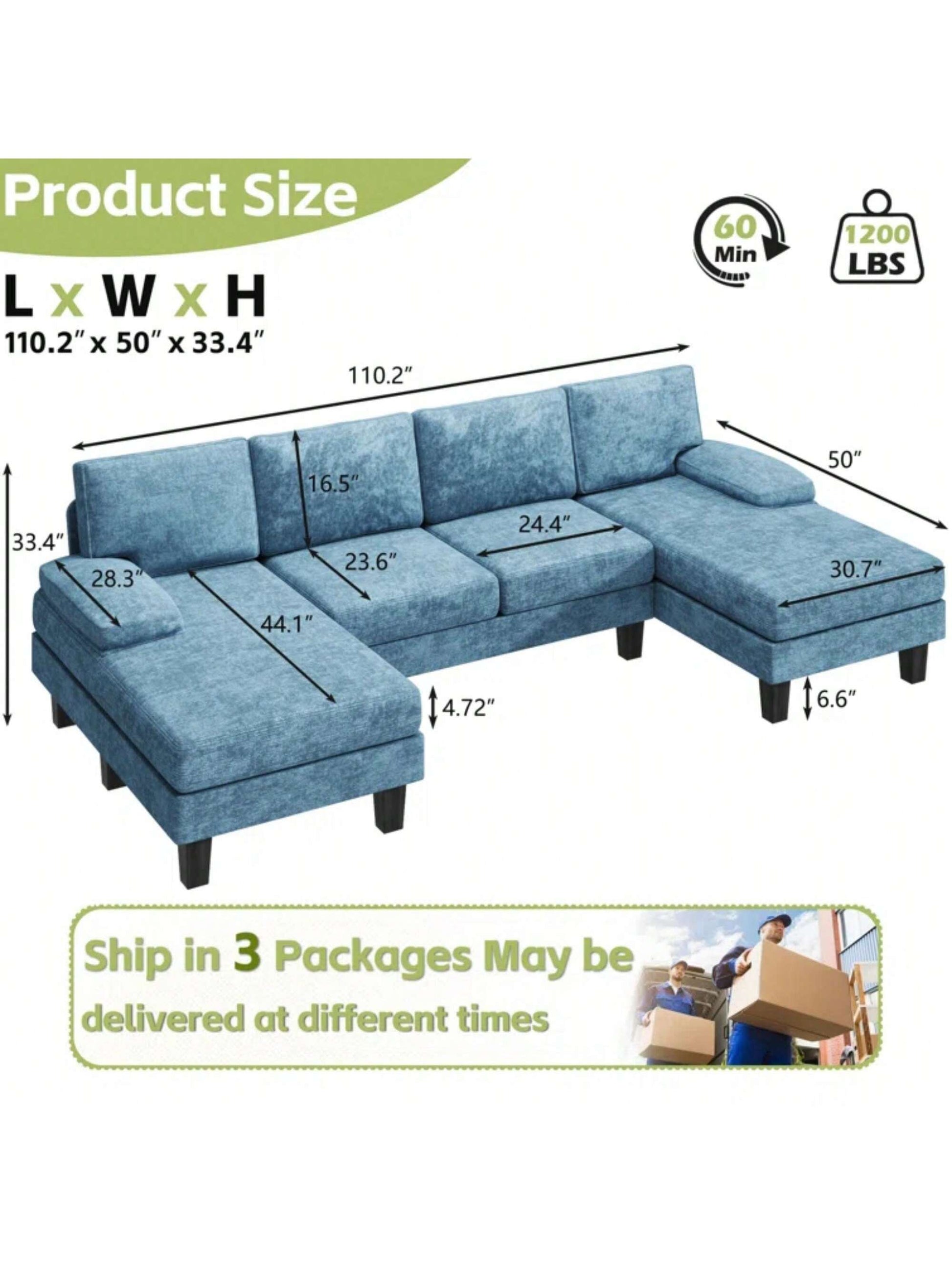 Furniwell Sectional Sofa Couches for Living Room, U Shaped Modular Sectional Sofa, Convertible Sofa Bed 6 Seats Sectional Sleeper Sofa Comfy Couch with Adjustable Backrest
