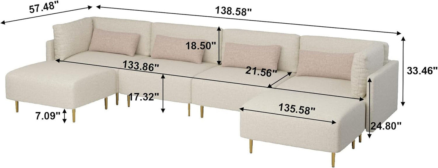 Sectional Sofa Couch, Modular U Shape Sofa Couch, Modern Minimalist Sofa Couch with 2 Ottoman 4 Throw Pillows for Living Room, Apartment, Beige