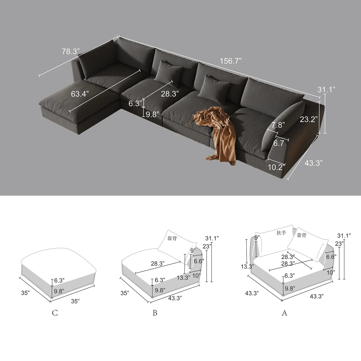 156'' Oversized Sectional Sofa, Modular Sofa with Ottoman, Cloud Couch,Deep Seating Sofa Modern Living Room/Office (Velvet, Deep Gray-5 Seater)