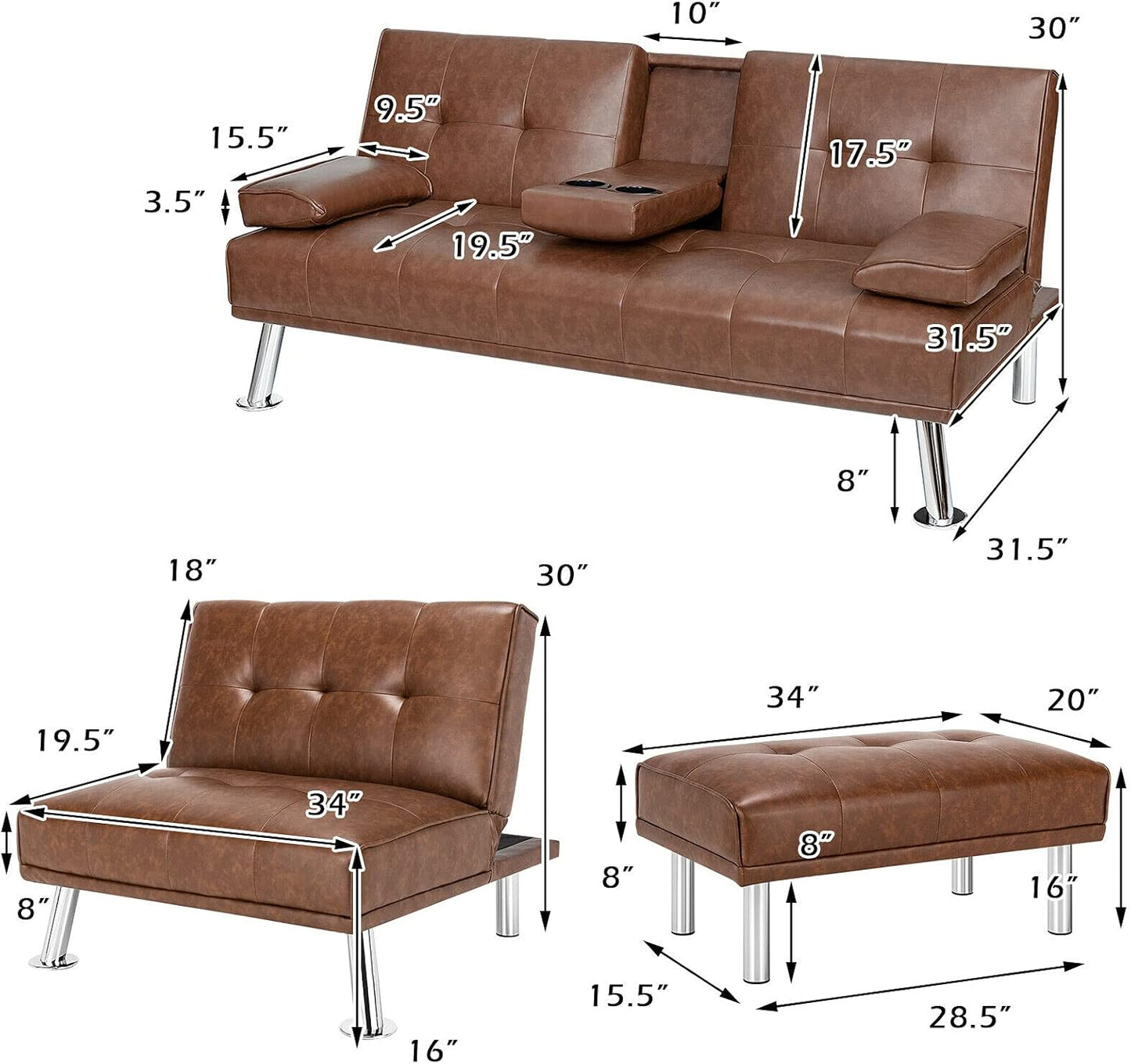 3 Pieces Convertible Sectional Sofa Set, 3 Seat Sofa and Couch with Cup Holders and Ottoman, Tufted PU Leather Chaise Modern Reversible Living Room Furniture for Apartment Office (Brown)