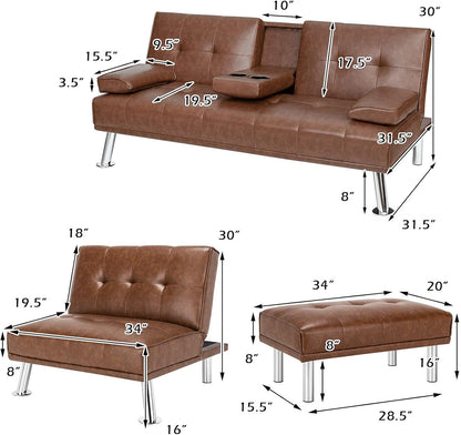 3 Pieces Convertible Sectional Sofa Set, 3 Seat Sofa and Couch with Cup Holders and Ottoman, Tufted PU Leather Chaise Modern Reversible Living Room Furniture for Apartment Office (Brown)
