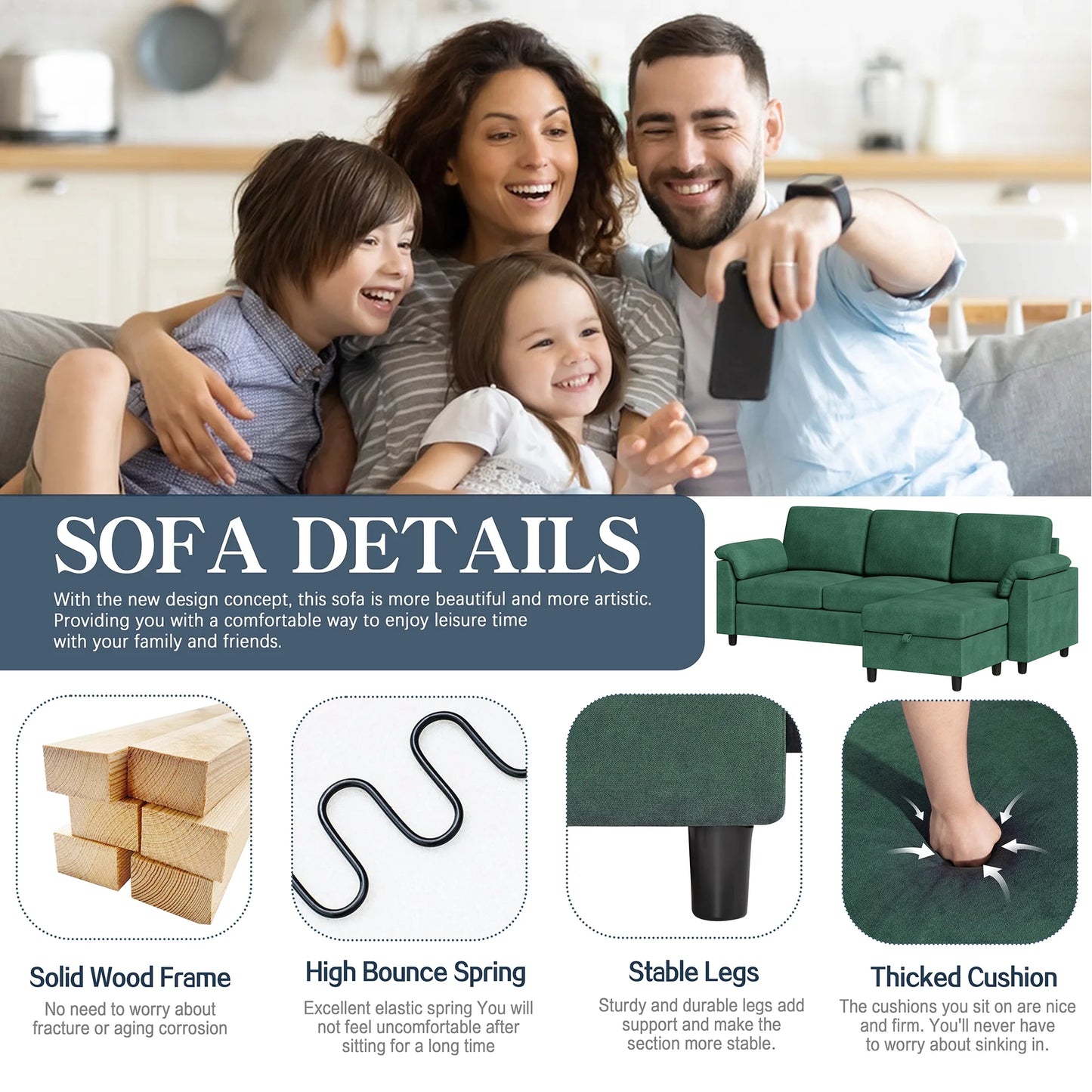 79.1" Sectional Sofa with Movable Storage Ottoman, L-Shaped Convertible Sofa Couch for Small Living Room, Green