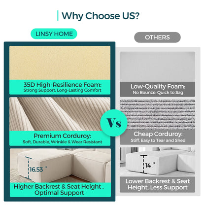 Oversized Modular Sectional Sofa, L-Shaped Cloud Sofa Couch with Corduroy Fabric, 3 Seat Sponge Sofa for Living Room, No Assembly Required, Beige