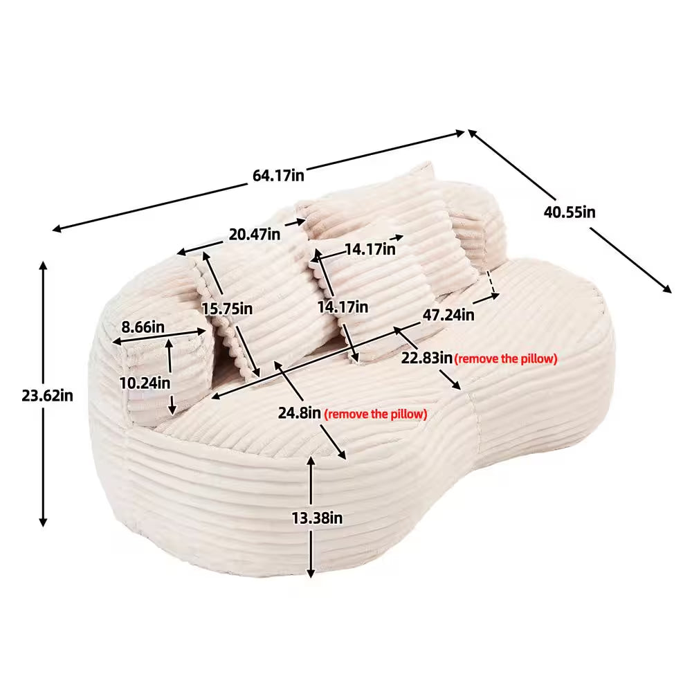 64 In. Armless Corduroy Curved Upholstered Oversized Sofa in Bege Modern Comfy Lounge Couch Loveseat Sleeper Chair Sofa