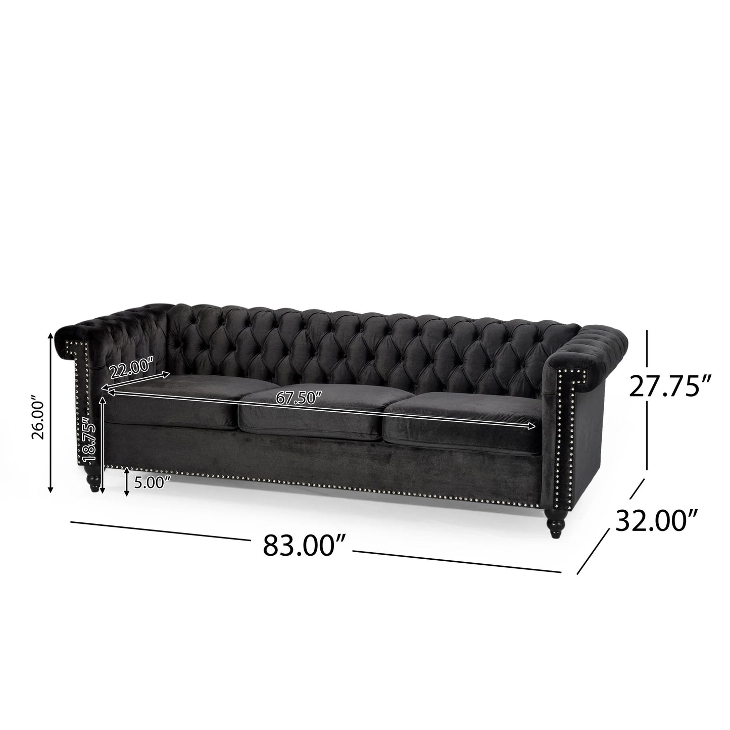 Zyiere Tufted Chesterfield 3 Seater Sofa, Black Velvet and Dark Brown