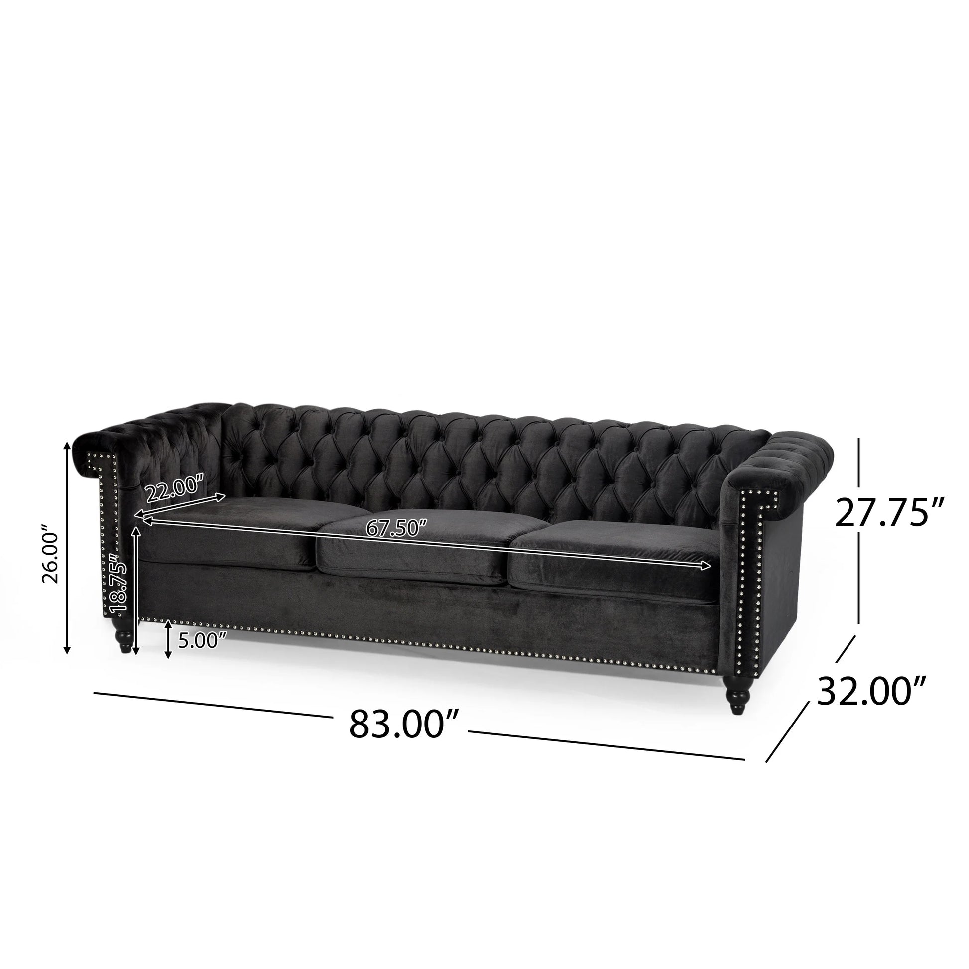 Zyiere Tufted Chesterfield 3 Seater Sofa, Black Velvet and Dark Brown