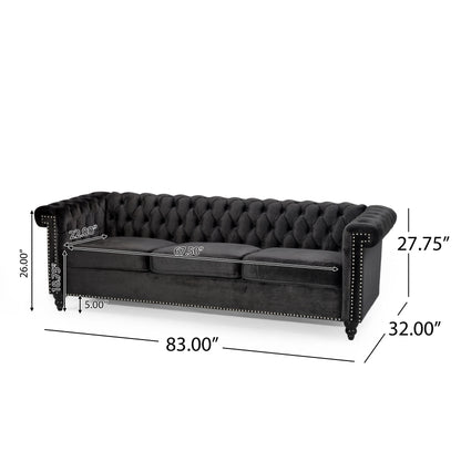 Zyiere Tufted Chesterfield 3 Seater Sofa, Black Velvet and Dark Brown